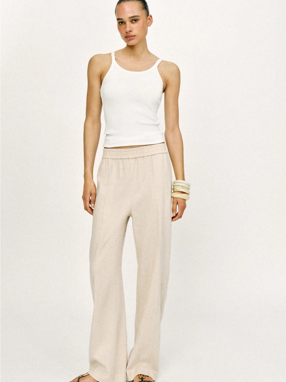 Zara Cream Wide-Leg Pull-On Pants